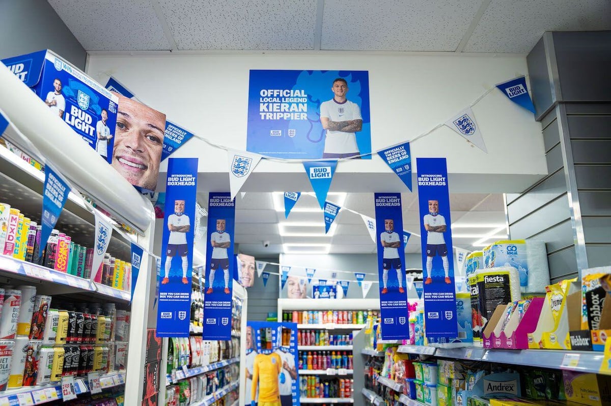 In-store signage for a Budlight and England football collaboration.